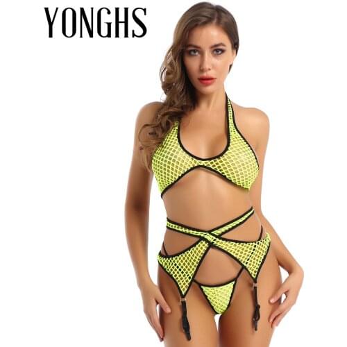 Womens Fishnet Erotic Lingerie Set Hollow Out Netted Halter Neck Hot Bra Top with Crossed Waist Garter Belt and G-String Briefs