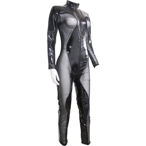 Womens Femme Body Latex Homme Wetlook Patent Leather Sheer Mesh Patchwork Long Sleeves Skinny Bodysuit Catsuit Clubwear Costumes