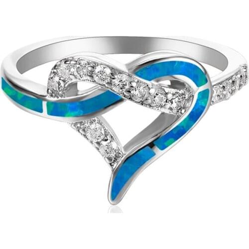 Boho Female White Blue Fire Opal Ring Silver Color Wedding Rings For Women Promise Heart Infinity Engagement Ring