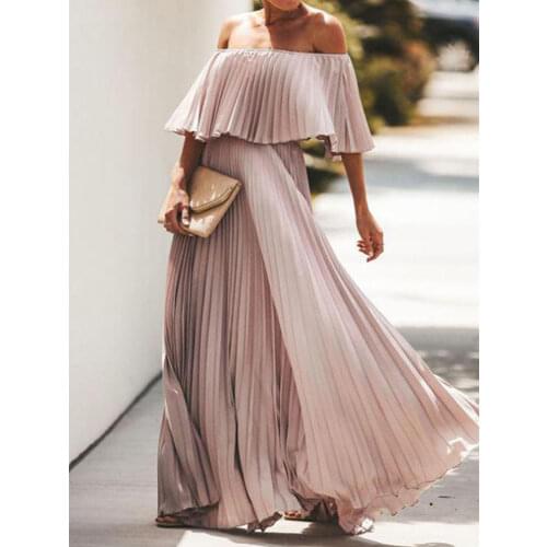 Women Elegant Slash Neck Office Lady Maxi Dress Sexy Off Shoulder Ruffle Loose Boho Long Dress Summer Casual Solid Casual Dress