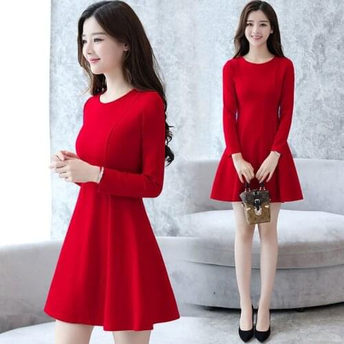 Spring and Autumn Dress 2020 New Large Size Womens Fashion Round Neck Long Sleeve Slim Solid Color Vestidos P410