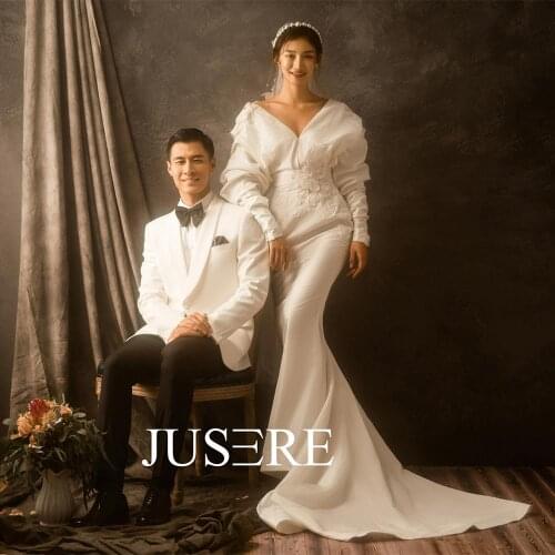 JUSERE Ivory Wedding Dress Mermaid long sleeves V-neck Bridal Gowns hauta couture2019
