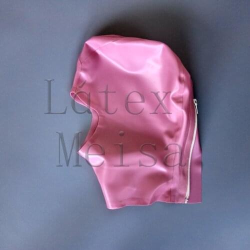 100% handmade womens shiny metallic pink Fetish latex catsuit hood open nose and mouth