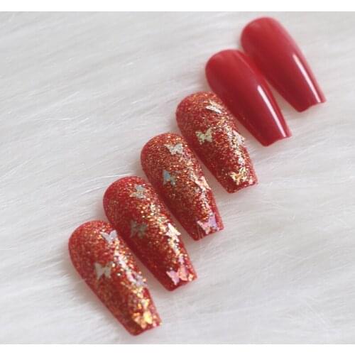 24pcs latest candy long ballet handmade crystal diamond fake nails sexy red