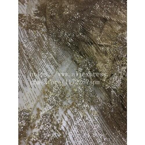 Shining glitter sequins glued JRB-00361 embroidery african tulle mesh fabric in gold color