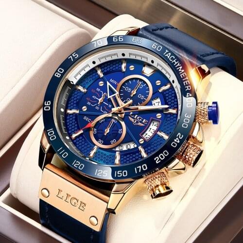 LIGE Casual Sport Watches for Men Blue Top Brand Luxury Military Leather Wrist Watch Man Clock Fashion Chronograph Wristwatch