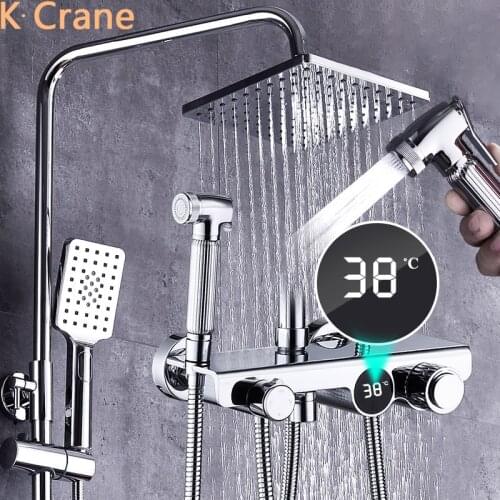 Digital Shower System Bathroom Wall Mount Thermostatic Shower Set SPA Rain Fall LED Bath Faucet Square Head Modern Chrome Grifos
