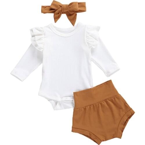 Citgeett Autumn Outfits Newborn Baby Girls Clothes Set Infant Long Sleeve White Romper + Casual Soild Shorts + Headband 0-18M