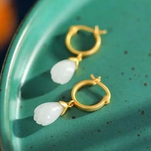 Natural Hetian Jade Orchid Eardrops S925 Sterling Silver White Magnolia Womens Earrings Personality Fashion Jade Flower Earring