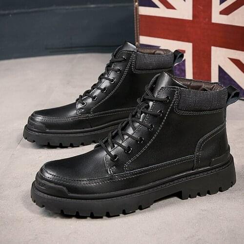 Classic Black Leather Men Boots Ankle Casual Mens Martin Boots Big Size Streetwear Fashion Plush Warm Autumn Winter Men Footwear