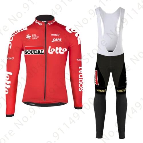 Lotto Soudal 2021 Red Cycling Jersey Set Clothing Suit Mens Summer Long Sleeve MTB Bike Road Pants Bib Maillot Ropa Ciclismo