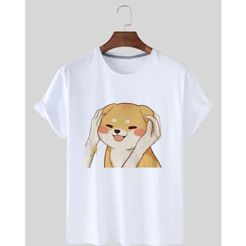 Summer Womens Fashion Kawaii Cartoon Puppy Print Casual Womens Shirt O Neck Pullover Short Sleeve Loose T-shirt Womens Blouse
