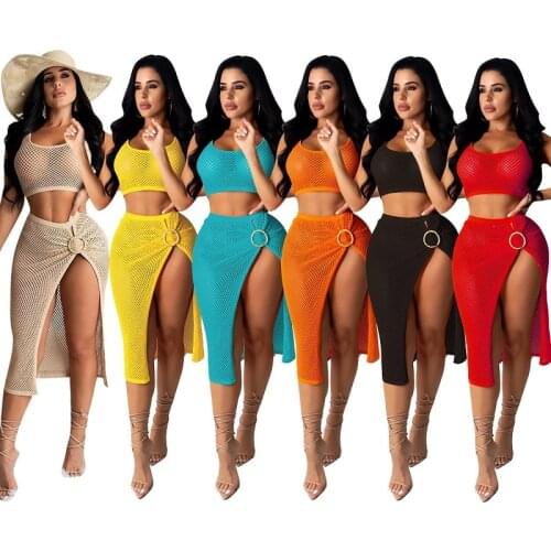 2020 New mesh hollow out 2PCS/SET beach dress sexy women see through crop top+high split bikini swimsuit bathing suit cover up