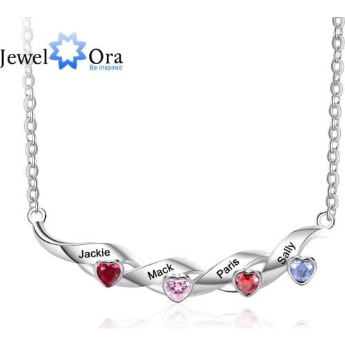 JewelOra Personalized Name Engraving Necklace with 4 Heart Birthstones Unique Twisted Design Pendant Necklace Mothers Day Gift