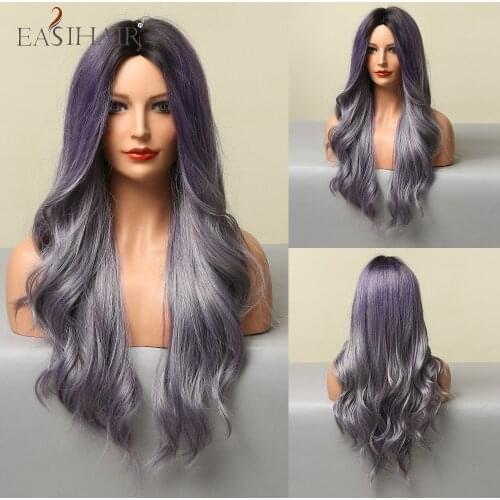 EASIHAIR Mixed Ash Blue Light Purple Long Synthetic Wave Cosplay Wig for Women Heat Resistant Colorful Fiber Party Daily Wedding