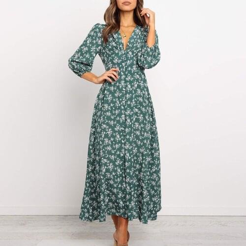 Floral Print Summer Dress Women Bohemian Maxi Dress Woman Long Sleeve Women Long Dresses for Women 2021 Lantern Sleeve Sundress