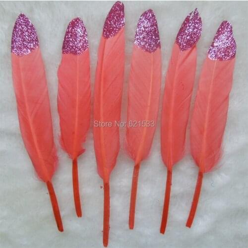 Rose Gold Glitter Dipped Natural Watermelon Red Duck Feathers, WHOLESALE Sparkling Dark Pink Dipped Feathers,50pieces