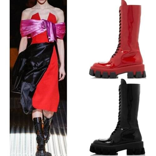 New style Patent leather catwalk boots low-heel thick-soled knight woman boots trendy lady mid flat lace up long boots 4 colors