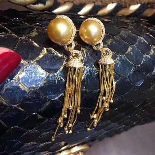 D116 Pearls Earrings 10-11mm Fine Jewelry Fresh Water Golden Pearls Dangle Earrings for Women Fine Pearl Earrings