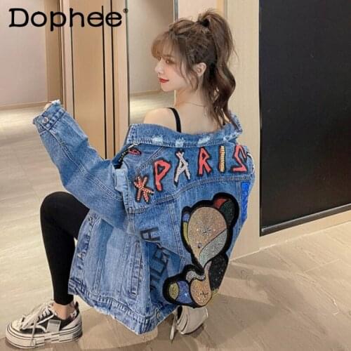 Rhinestone Beaded Cartoon Bear Denim Jacket for Women 2021 Spring Autumn Korean Loose Graffiti Letter Jean Jacket Casual Coats
