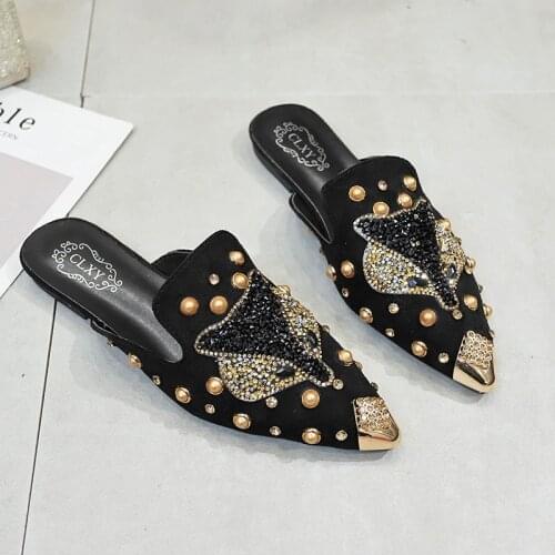 Women Shoe Fashion String-bead Pointed Rhinestone Rivet Flat Women Slippers Slip-On Mules Loafer Sandals Slides Ladies Shoes