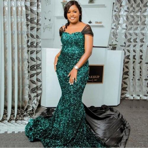 Hunter Green Sequined Plus Size Evening Dresses Long Cap Sleeves Mermaid Prom Dress Aso Ebi African Party Party Vestidos