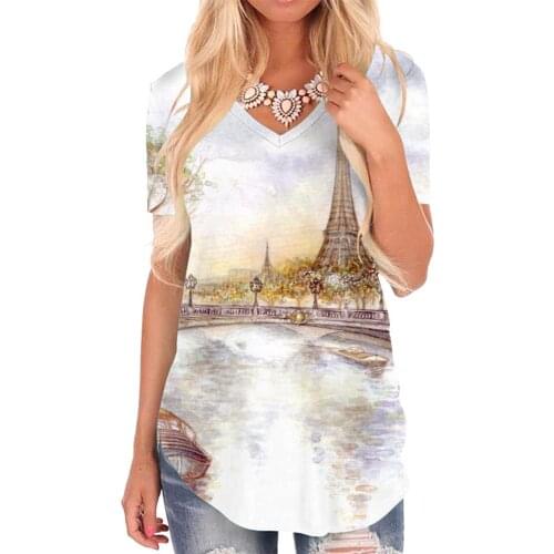 Giyu Brand Tower Of Paris T Shirt Women Tree V-neck Tshirt Sail T-shirts 3d Painting Shirt Print Womens Clothing Punk Rock