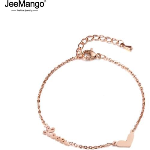 JeeMango Romantic Heart Shape & Lover Chain & Link Bracelets Bangles Jewelry Titanium Steel Charm Bracelets For Women JB18006
