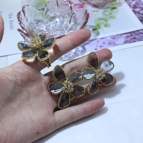 Luxury Zircon Flower Stud Earrings for Women Crystal Bee 14K Gold Plated Jewelry Set Engagement Rings