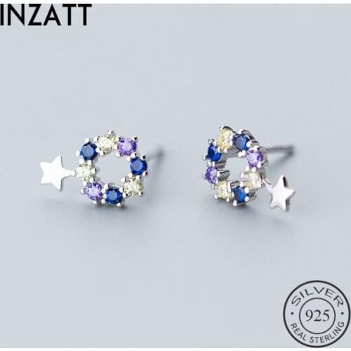 INZATT Hot Sale Real 925 Sterling Silver Zircon Hollow Round Star Stud Earrings Prevent Allergy For Women Fine Jewelry Gift