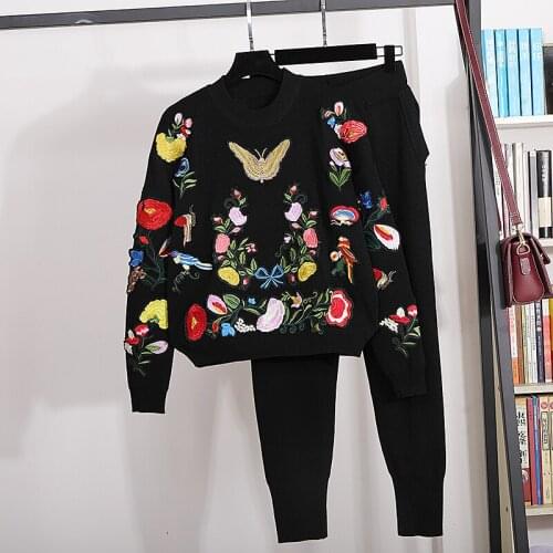 Korean Fashion Butterfly Embroidery Flowers Knitted Tracksuits Women Outfits Loose Casual Knit Sweater Pencil Pants Set Female