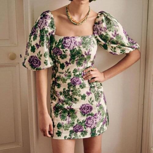 Women Mini Dress Purple Flowers Print 2021 Spring Summer Puff Sleeve Pleated Square Collar Slim Short Dresses Robe for Holiday