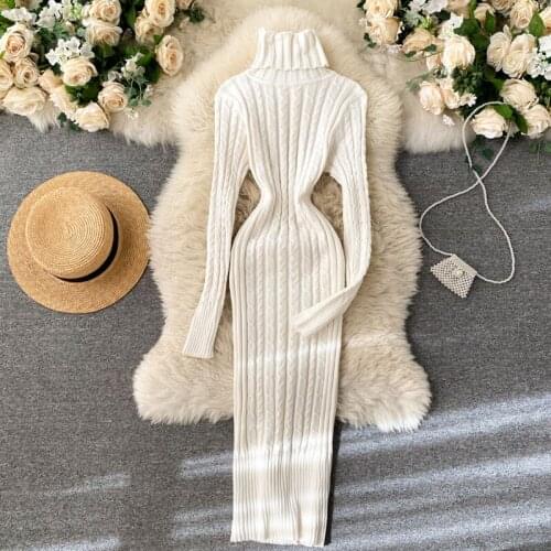 Women Turtleneck Knitted Dress Spring and Autumn Long sleeve Dress white Casual Sweater Dress Plus Size Winter Clothes