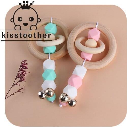Kissteether New Wood Ring Teether Molar Rod Rattle Silicone Beads Baby Cute Cartoon Pacifier Toy Accessories Baby Products