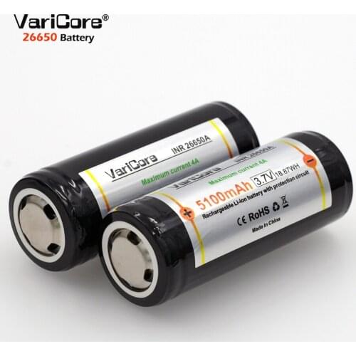 2 pcs.. VariCore Protection 26650 5100 mAh 3.7 V Lithium Ion Rechargeable Battery with PCB 4A 3.6 V Battery for Flashlight