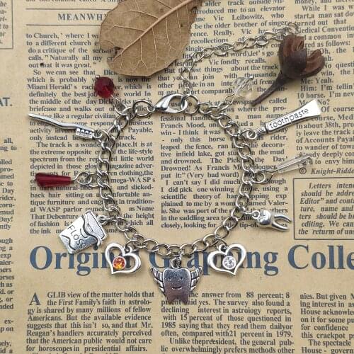 Antique Retro Silver Plated Chain Bracelet Tooth Toothbrush Toothpaste Floss Birthday Women Men Party Gift CW001-002