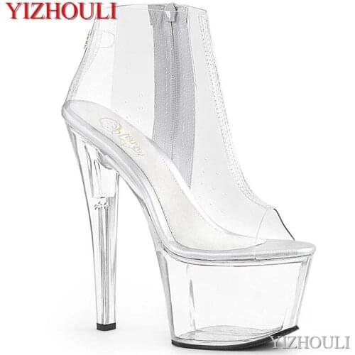 Party pole dance performance transparent material 17 cm high ankle boots, 7 inches, nude toe sexy model, dancing shoes