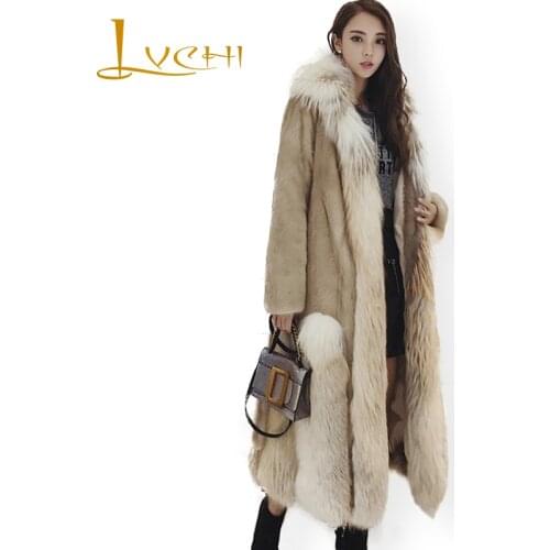 LVCHI Winter 2019 Import Swan Velvet Real Mink Fur Coats Import White Gold Fox Fur Collar Coat Womens X-Long Causal Mink Coats