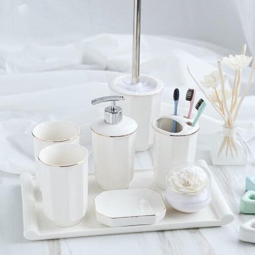 Ceramic Bathroom Accessories Set Bath Shower Wash Suit Toilet Cleaning Brush Lotion Soap Dispenser Toothbrush Holder Soap Tray