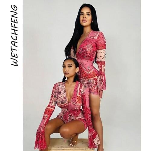 Summer Fashion Pink Bandana Dress Sexy Mesh V Neck Flared Sleeve Bodycon Mini Dresses 2021 Plus Size Night Party Women Clothes