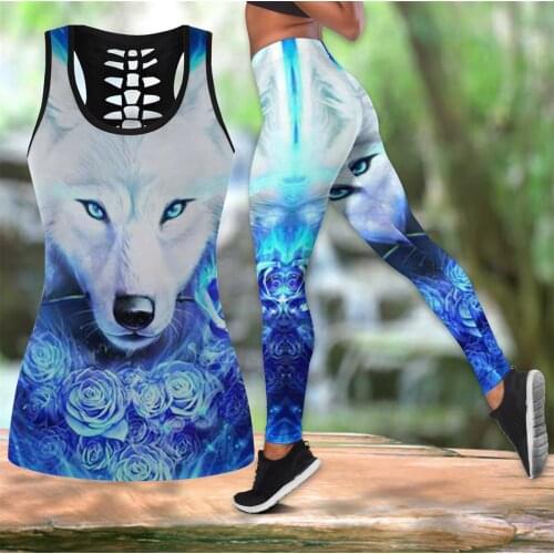 Fashion 3D Print Animal wolf Blue Women Hollow Tanktop And Leggings For Hipster Leisure Streetwear Female Sexy Vest Clothes S-67