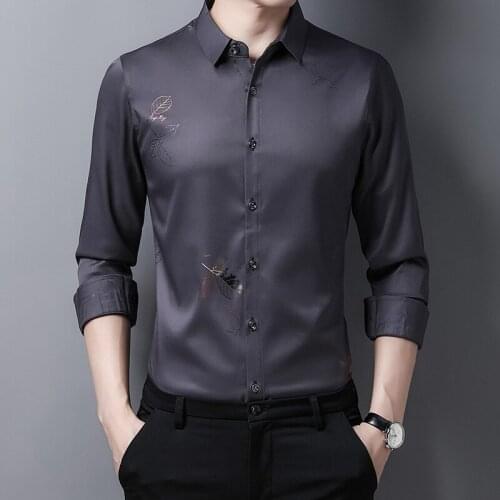 Gold Plants Printed Dress Shirt Men Button Down Long Sleeve Solid Color Casual Lapel Satin Shirts Cardigan For Business Man XXXL