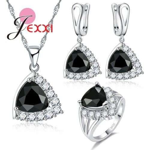 Black Triangle Cubic Zircon Crystal Party Jewelry Set For Women Accessory Stamped 925 Sterling Silver Bridal Wedding Sets