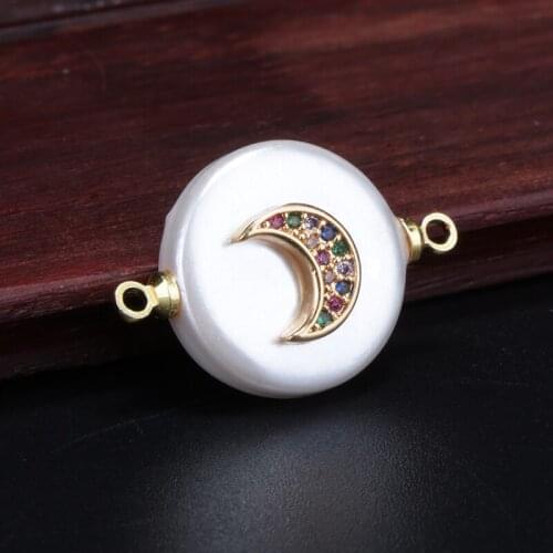 Freshwater pearl mix cz moon sign charm round coin pearl bead connector for women bracelet jewelry DIY making