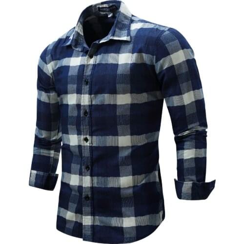 New Arrival Mens Shirt Long Sleeve Slim Fit Plaid Shirts Blue Mens Dress Shirts Cotton Male Brand Casual Denim Style Checks