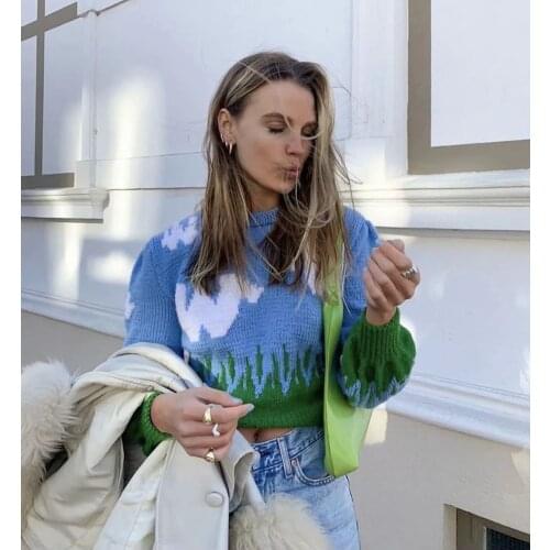 Women Autumn Winter With Blue sky and white cloud Sweater Print Knitted Pullover Femme Casual Loose Thick Sweater Top