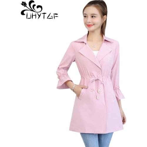 UHYTGF Female windbreaker Double-breasted Lace-up slim autumn trench coat women Ruffled Sleeve Lapel Casual Thin coats tide 347