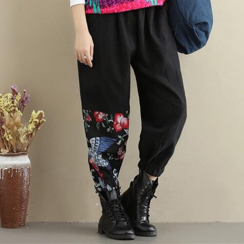 Women Spring Autumn Patchwork Cotton Linen Elastic Waist Pants Ladies Vintage Spliced Trousers Female 2021 Pants