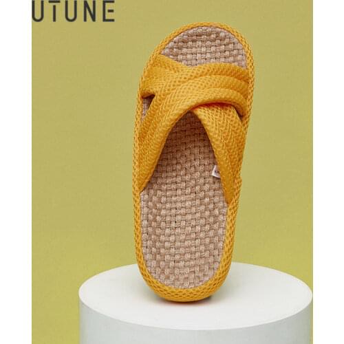 UTUNE Hemp Slippers Women Indoor linen Summer Shoes EVA Sole Mute Home Slippers Non-slip Flat Slides Thick Sole Scarpe donna
