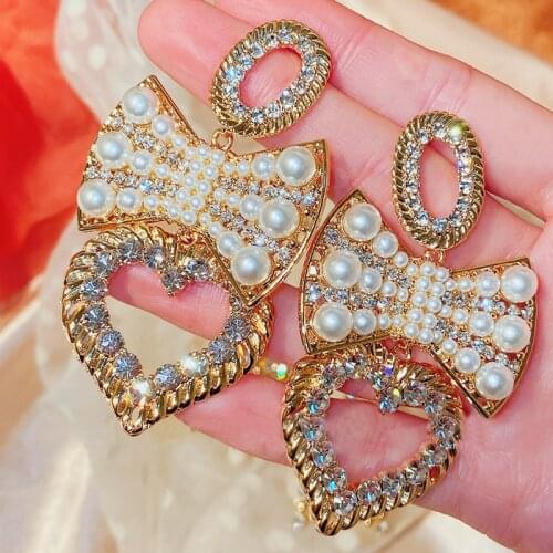MENGJIQIAO Korean Luxury Fashion Heart Crystal Pendientes For Women Elegant Pearl Beads Bowknot Drop Earrings Party Jewelry
